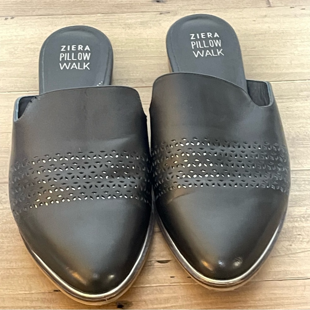 Ziera slip on leather slides almond toe extra wide width silver metallic details